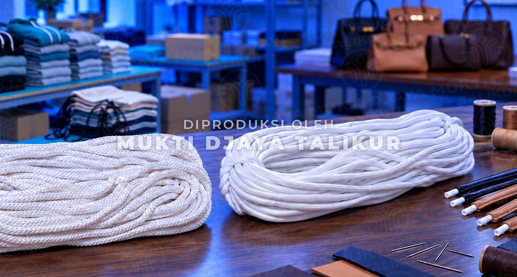 Gulungan talikur putih di area kerja dengan latar pakaian dan tas sebagai ilustrasi pemeriksaan tali untuk kebutuhan produksi, Mukti Djaya Talikur.