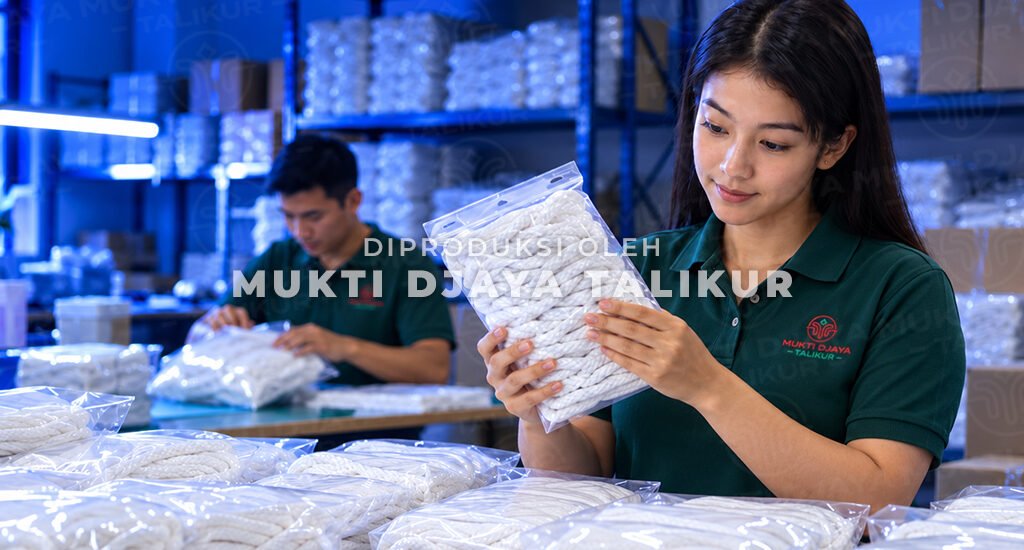 Pemeriksaan talikur putih yang telah dikemas sebagai bagian dari pengecekan produk di Mukti Djaya Talikur.