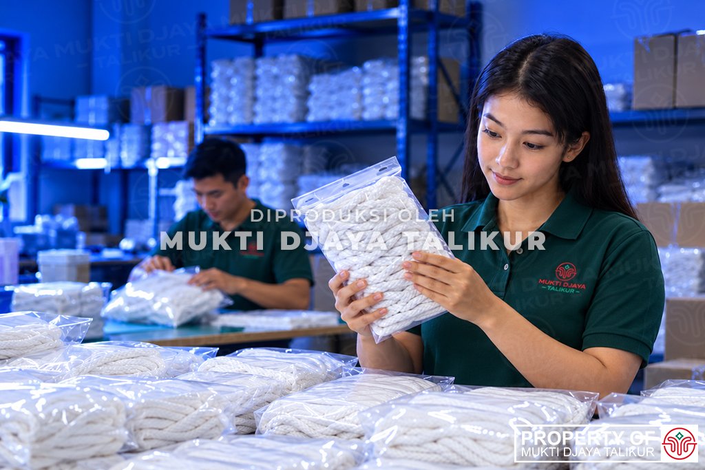 Pemeriksaan talikur putih yang telah dikemas sebagai bagian dari pengecekan produk di Mukti Djaya Talikur.
