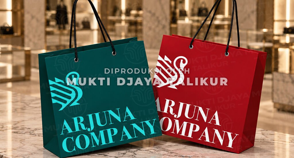 Dua paper bag dengan tali pegangan hitam sebagai contoh aplikasi tali untuk kemasan, Mukti Djaya Talikur.