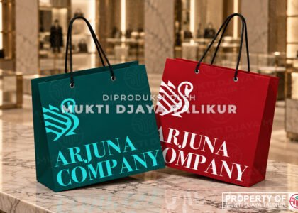 Dua paper bag dengan tali pegangan hitam sebagai contoh aplikasi tali untuk kemasan, Mukti Djaya Talikur.