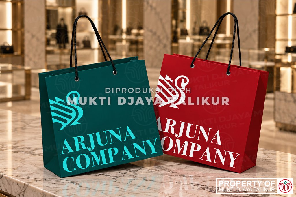 Dua paper bag dengan tali pegangan hitam sebagai contoh aplikasi tali untuk kemasan, Mukti Djaya Talikur.