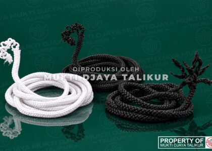Talikur anyaman hitam, putih, dan warna-warni sebagai ilustrasi perbedaan bahan talikur PP, POY, dan Polyester.