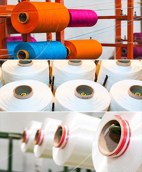 Gulungan bahan benang PP, POY, dan polyester untuk produksi talikur dalam berbagai warna.