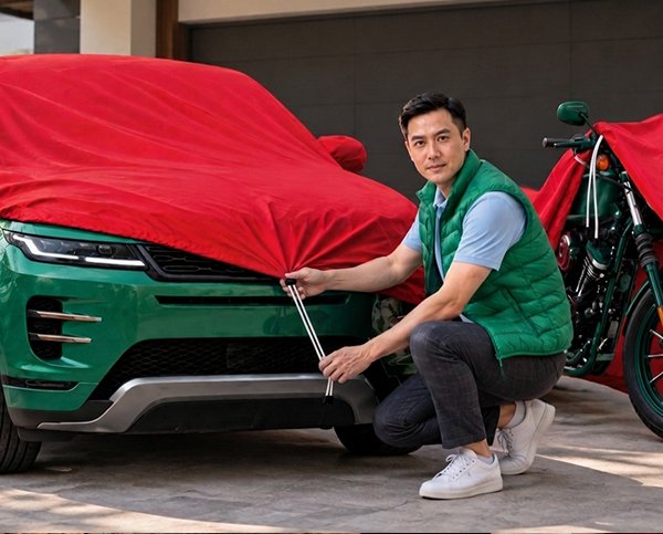 Penggunaan talikur POY anyaman jarum sebagai tali pengikat cover mobil dan motor agar penutup kendaraan tetap terpasang.