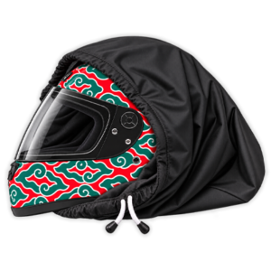 Cover helm berwarna hitam dengan motif dekoratif pada bagian depan sebagai contoh produk tekstil untuk aksesori kendaraan.