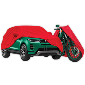 Cover pelindung berwarna merah pada mobil dan motor sebagai contoh aplikasi produk tekstil pelindung kendaraan.