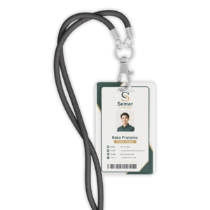 Tali ID card berwarna hitam dengan kait dan kartu identitas untuk kebutuhan kantor, acara, dan industri percetakan.