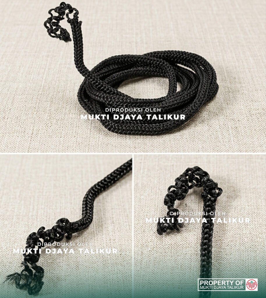 Talikur hitam berbahan polypropylene dengan anyaman jarum rapat dan detail simpul pada ujung tali produksi Mukti Djaya Talikur