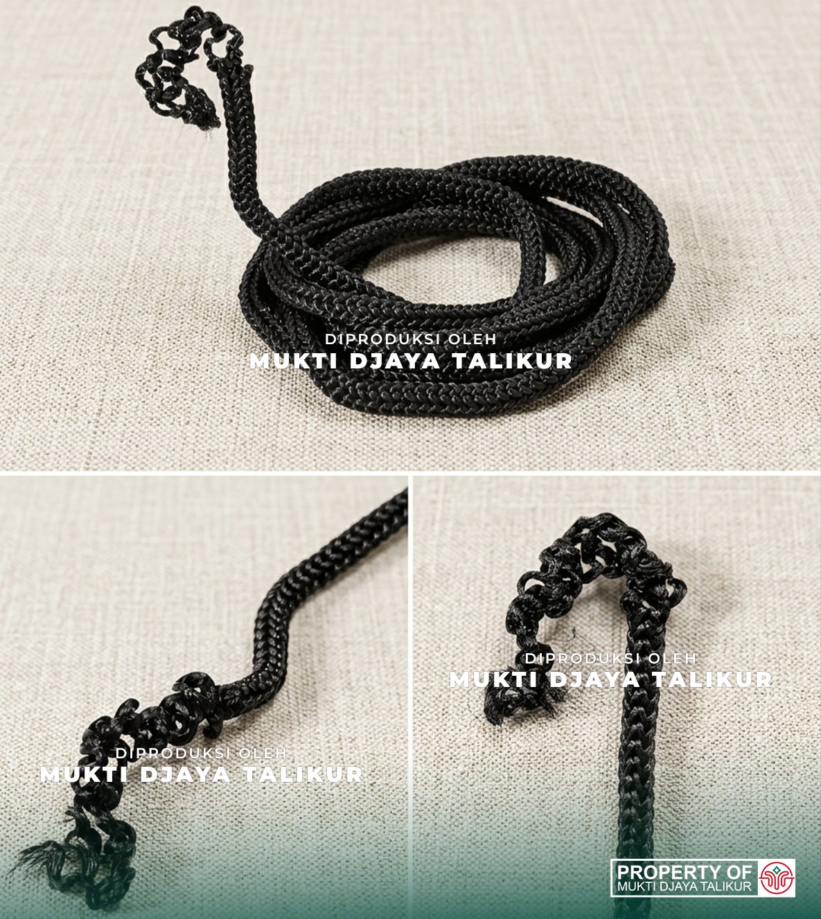Talikur hitam berbahan polypropylene dengan anyaman jarum rapat dan detail simpul pada ujung tali produksi Mukti Djaya Talikur