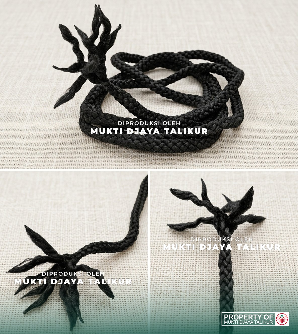 Talikur hitam berbahan polyester dengan anyaman kepang rapat dan detail simpul pada ujung tali produksi Mukti Djaya Talikur
