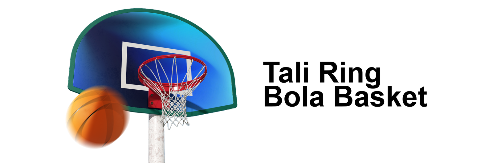 Jaring ring bola basket berwarna putih yang terpasang pada ring merah dengan bola basket di dekatnya