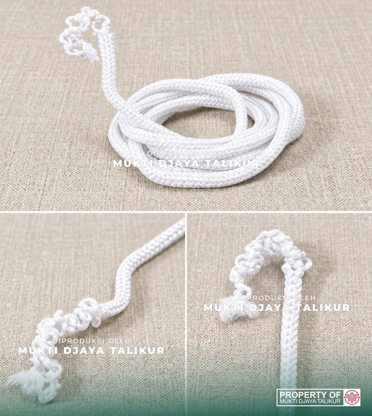 Talikur hitam berbahan partially oriented yarn dengan anyaman jarum rapat dan detail simpul pada ujung tali produksi Mukti Djaya Talikur