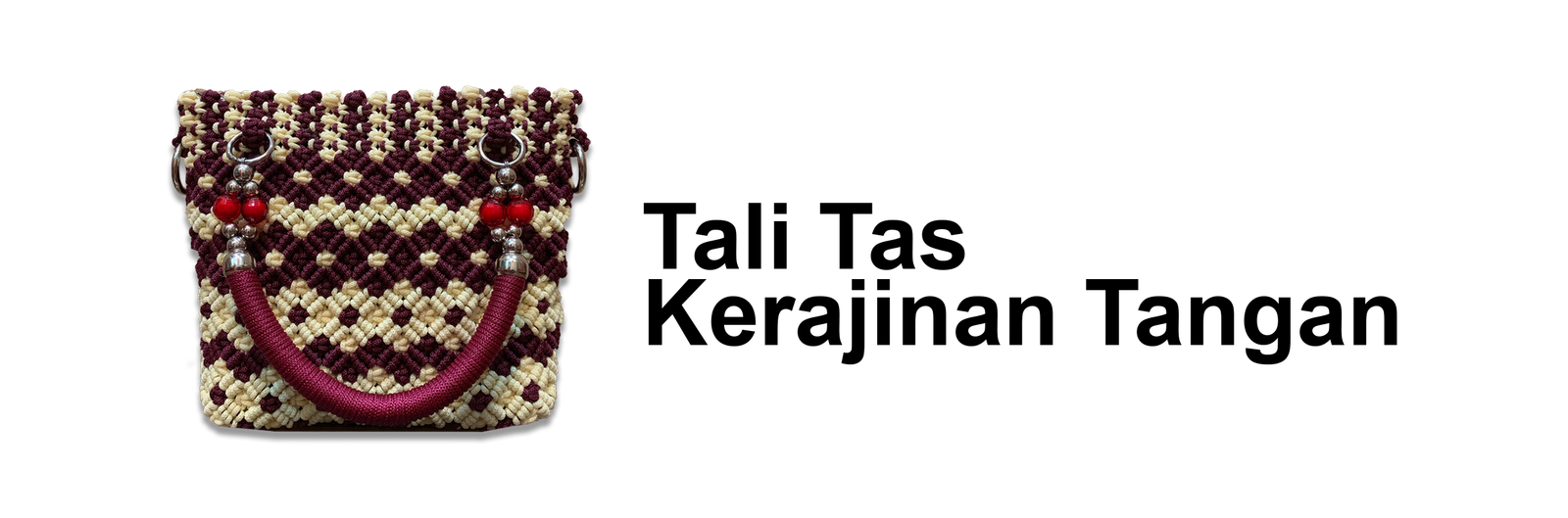 Tas kerajinan tangan dari talikur warna maroon dan ivory dengan motif anyaman bergaris, hiasan manik-manik merah, dan pegangan tali maroon