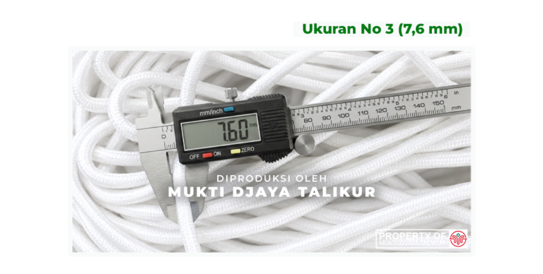 Ukuran No. 3 (7,6 mm) talikur anyaman kepang polyester dengan isi kain / talikur anyaman jarum, produksi Mukti Djaya Talikur.