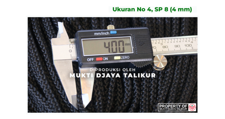 Ukuran No. 4, SP 8 (4 mm) talikur anyaman kepang polyester jenis non isi berwarna hitam, produksi Mukti Djaya Talikur.